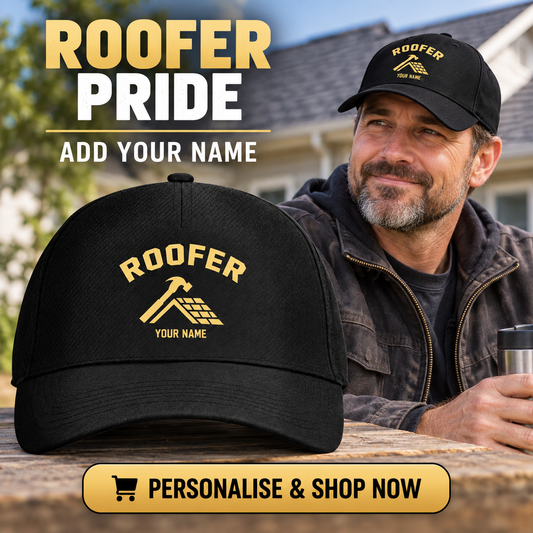 Roofer wearing the personalised cap with product close-up and shopping CTA