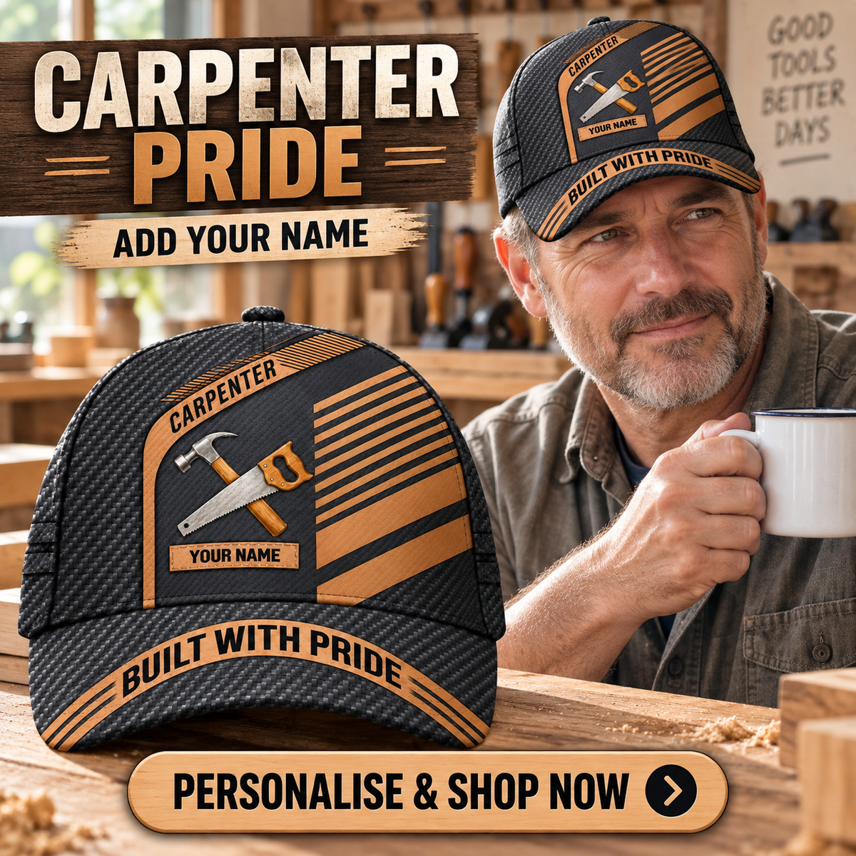 Carpenter wearing the personalised cap with product close-up and shopping CTA