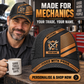 Personalized Mechanic Diagonal Workshop Baseball Cap lifestyle advertisement with person wearing cap and shopping CTA