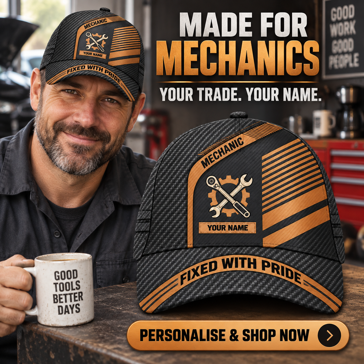 Personalized Mechanic Diagonal Workshop Baseball Cap lifestyle advertisement with person wearing cap and shopping CTA