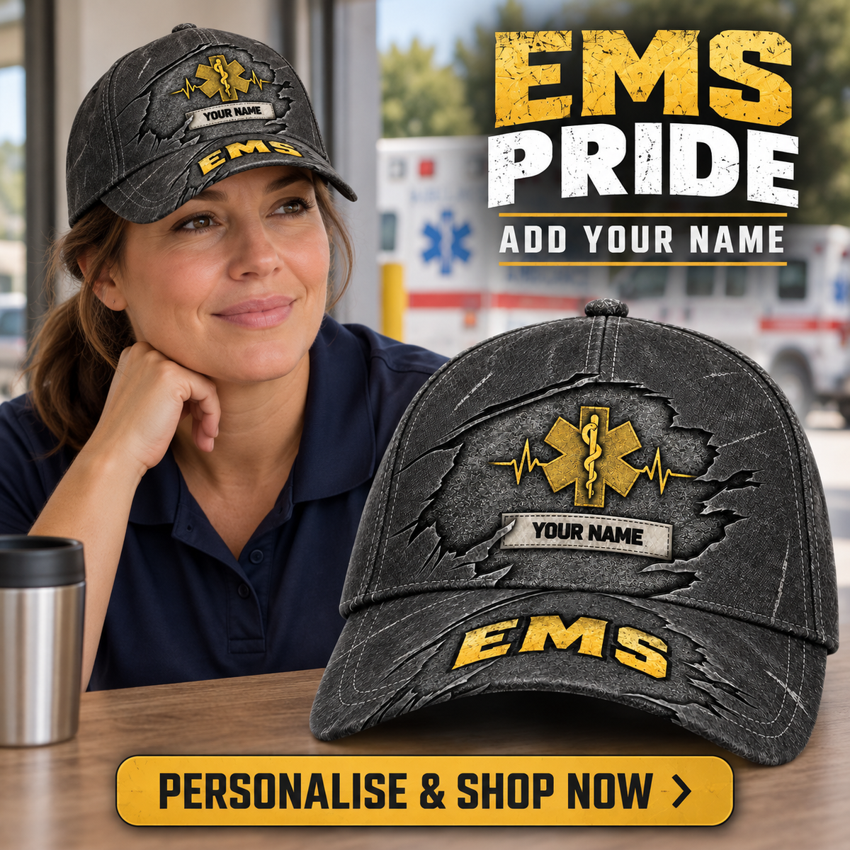 EMS wearing the personalised cap with product close-up and shopping CTA