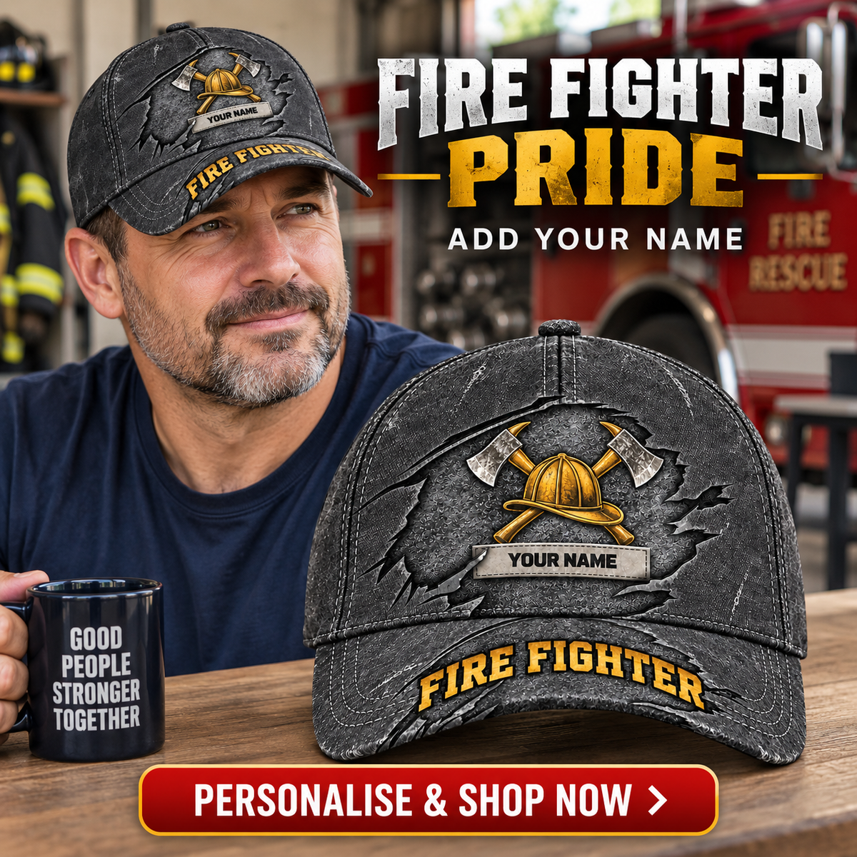 Fire Fighter wearing the personalised cap with product close-up and shopping CTA