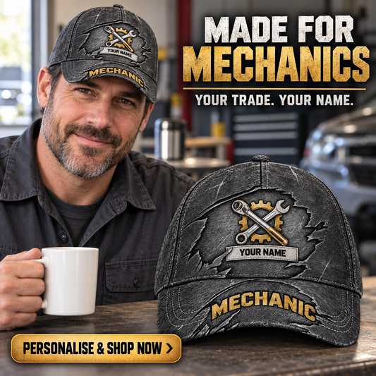 Personalized Mechanic Rugged Workshop Baseball Cap lifestyle advertisement with person wearing cap and shopping CTA