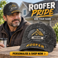 Roofer wearing the personalised cap with product close-up and shopping CTA