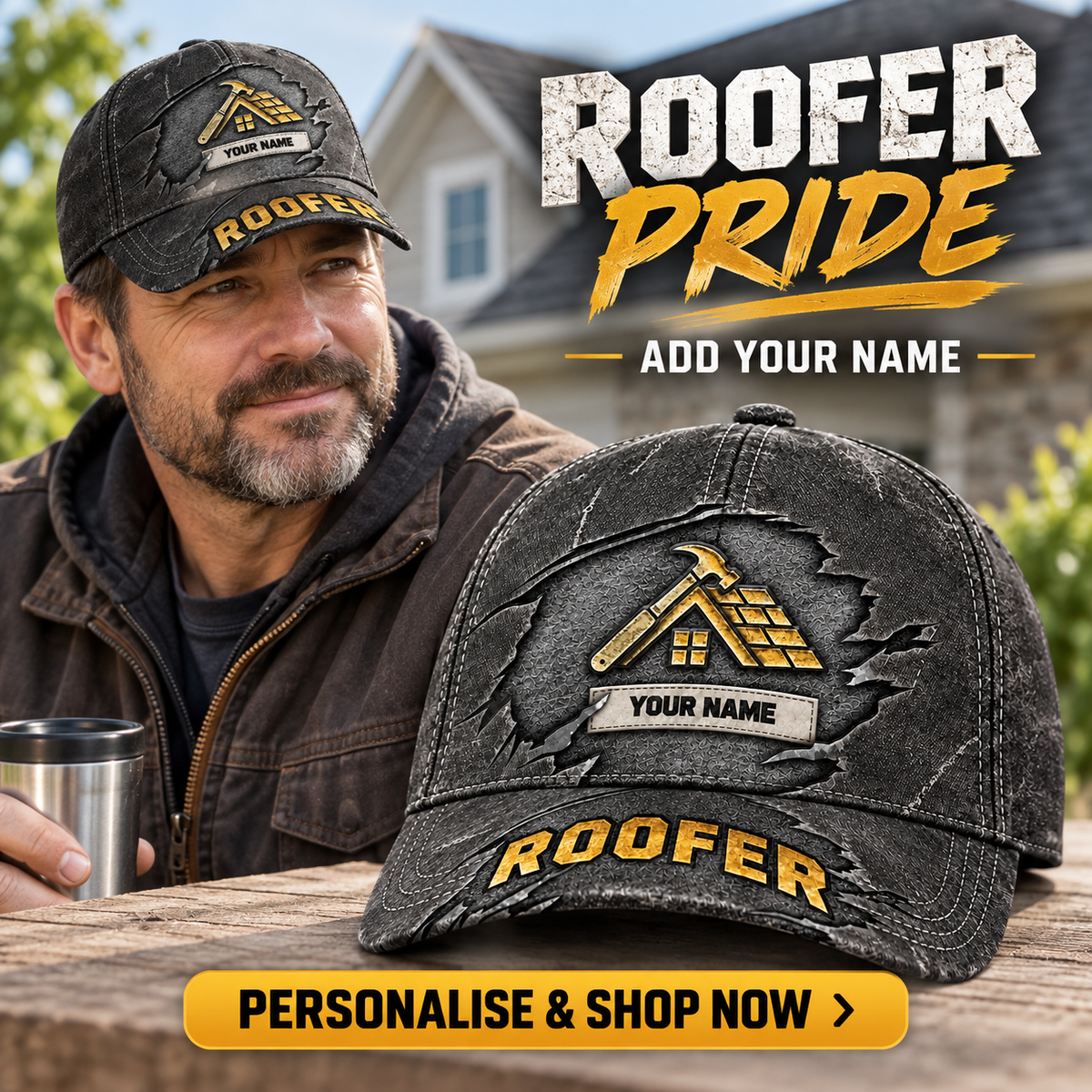 Roofer wearing the personalised cap with product close-up and shopping CTA