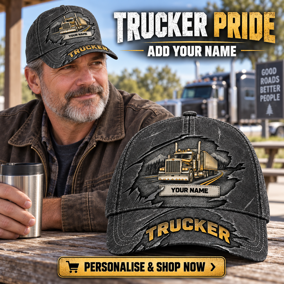 Trucker wearing the personalised cap with product close-up and shopping CTA