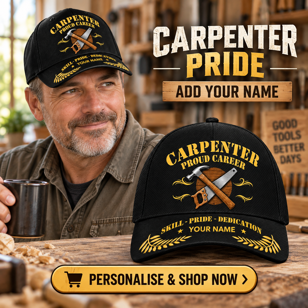 Carpenter wearing the personalised cap with product close-up and shopping CTA