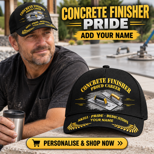 Concrete Finisher wearing the personalised cap with product close-up and shopping CTA