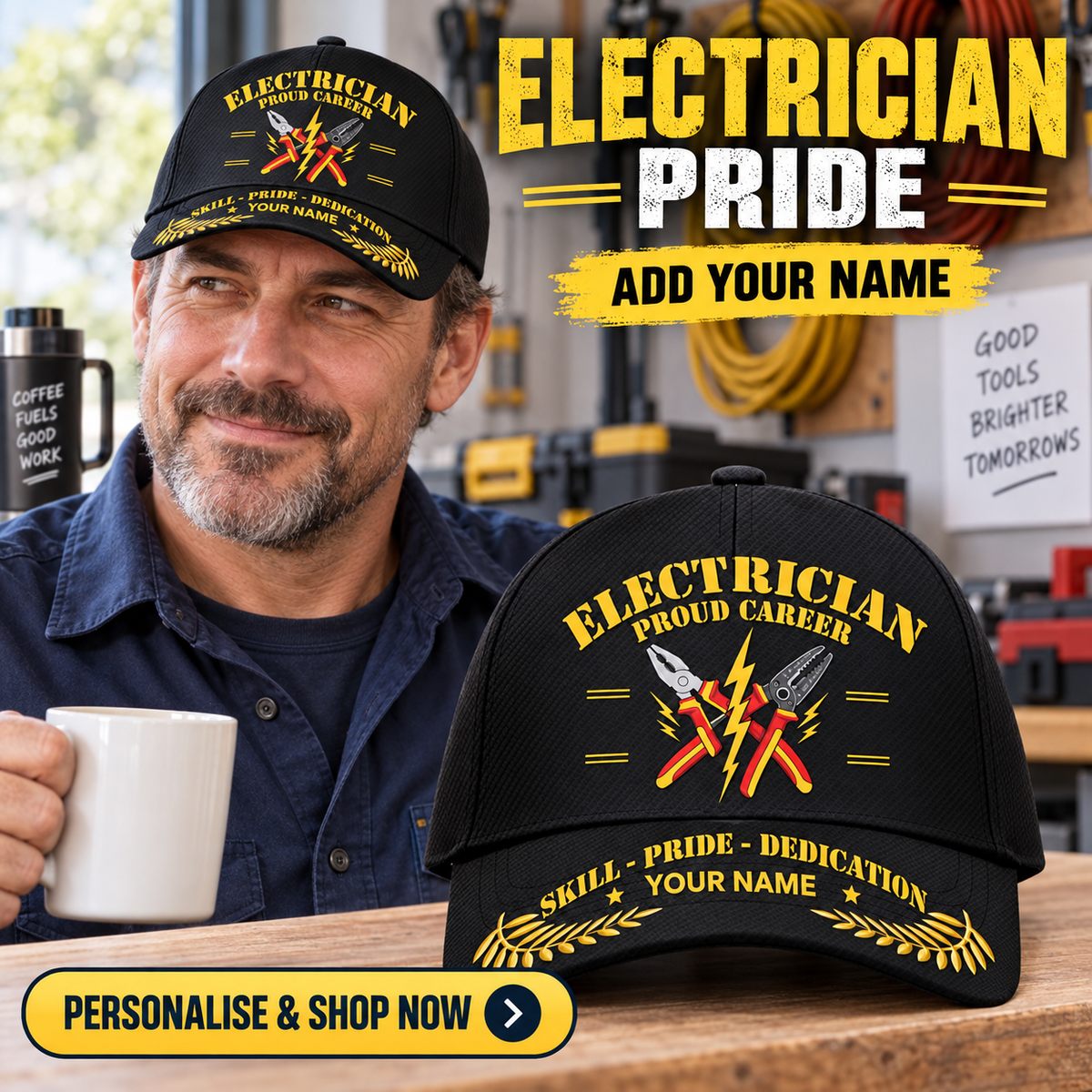 Electrician wearing the personalised cap with product close-up and shopping CTA