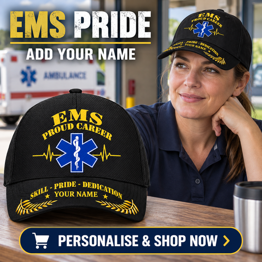 EMS wearing the personalised cap with product close-up and shopping CTA