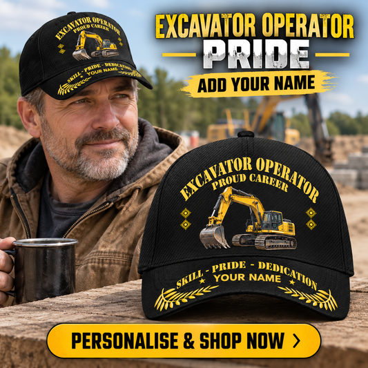 Excavator Operator wearing the personalised cap with product close-up and shopping CTA