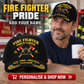 Fire Fighter wearing the personalised cap with product close-up and shopping CTA