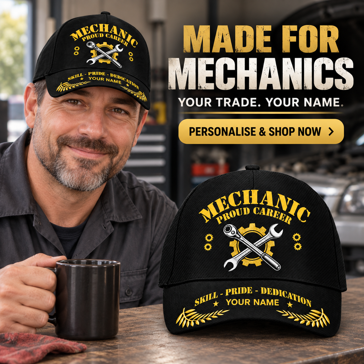 Personalized Mechanic Proud Career Baseball Cap lifestyle advertisement with person wearing cap and shopping CTA
