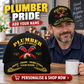 Plumber wearing the personalised cap with product close-up and shopping CTA