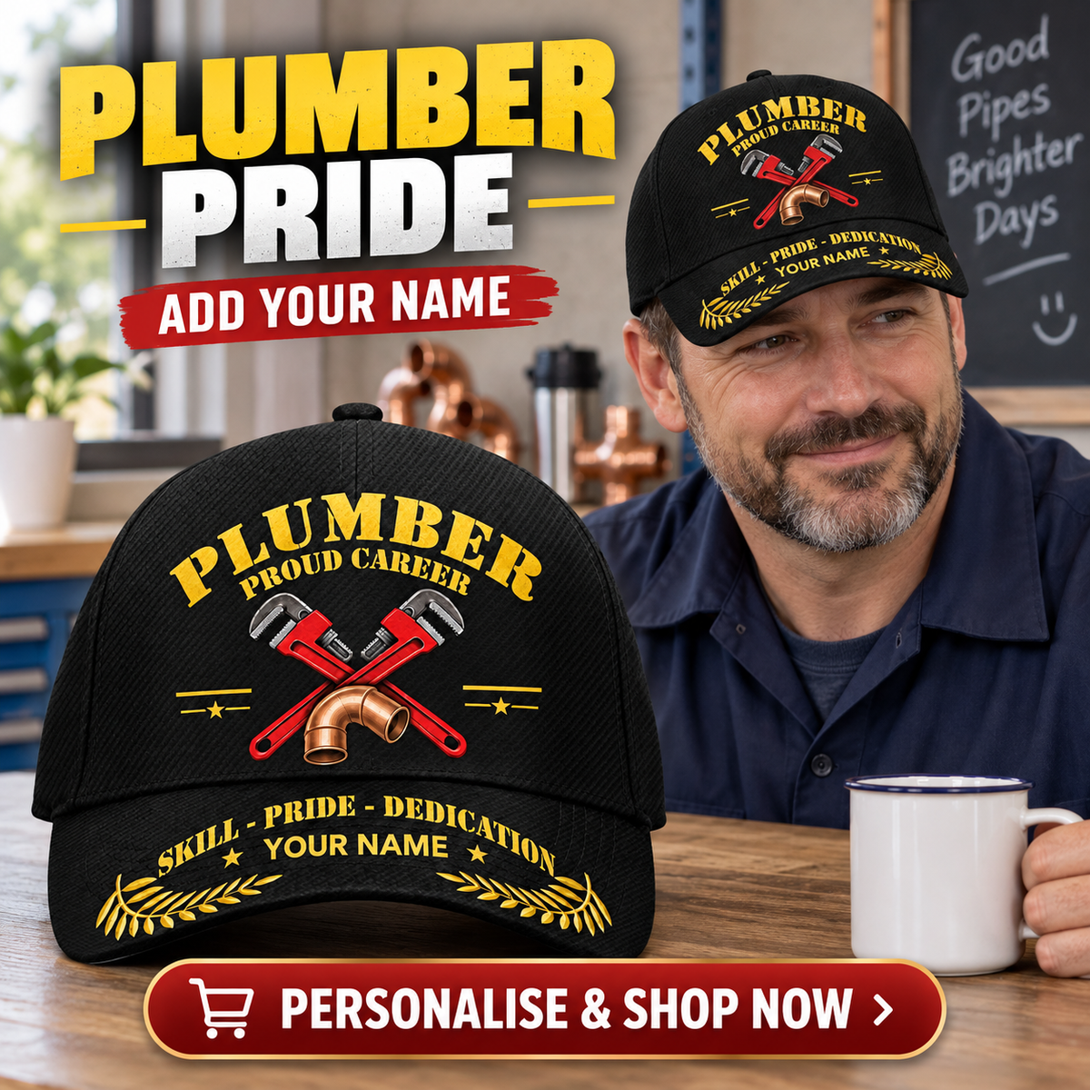 Plumber wearing the personalised cap with product close-up and shopping CTA