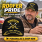 Roofer wearing the personalised cap with product close-up and shopping CTA