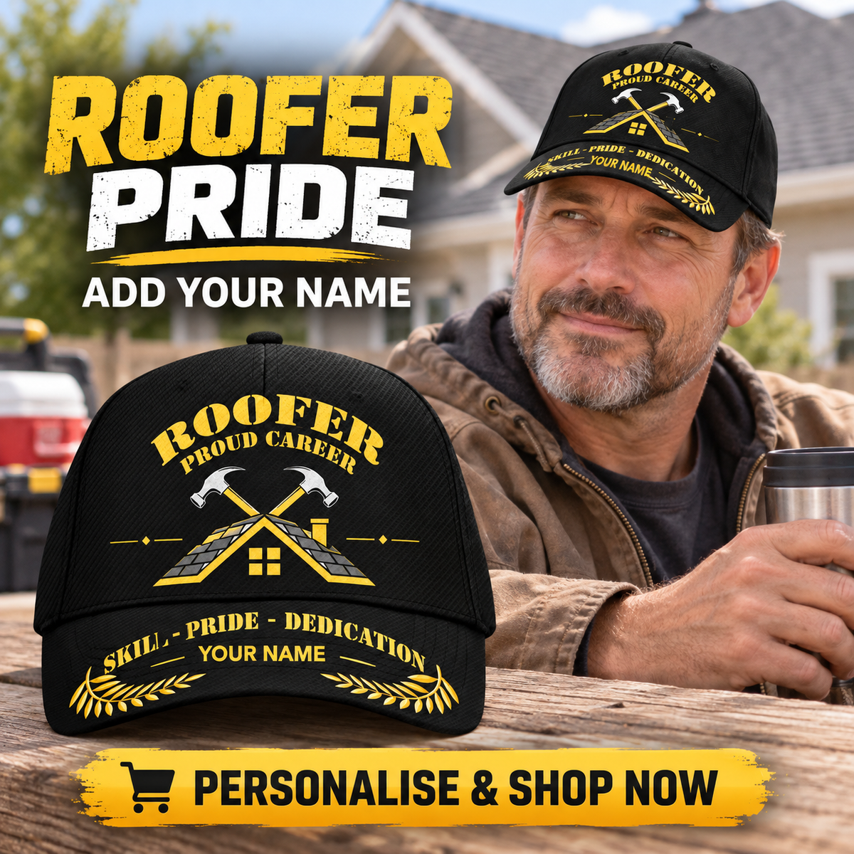 Roofer wearing the personalised cap with product close-up and shopping CTA