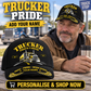 Trucker wearing the personalised cap with product close-up and shopping CTA