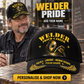 Welder wearing the personalised cap with product close-up and shopping CTA