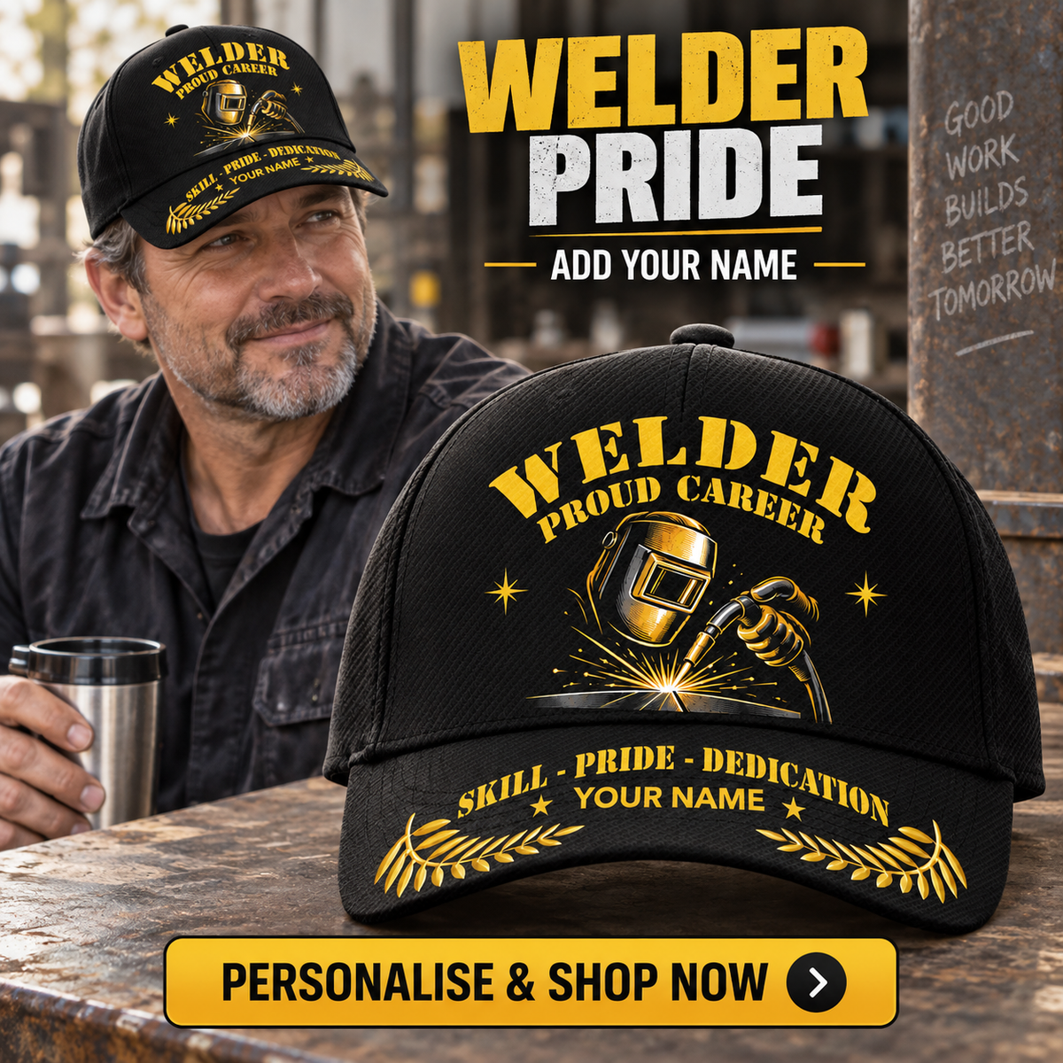 Welder wearing the personalised cap with product close-up and shopping CTA