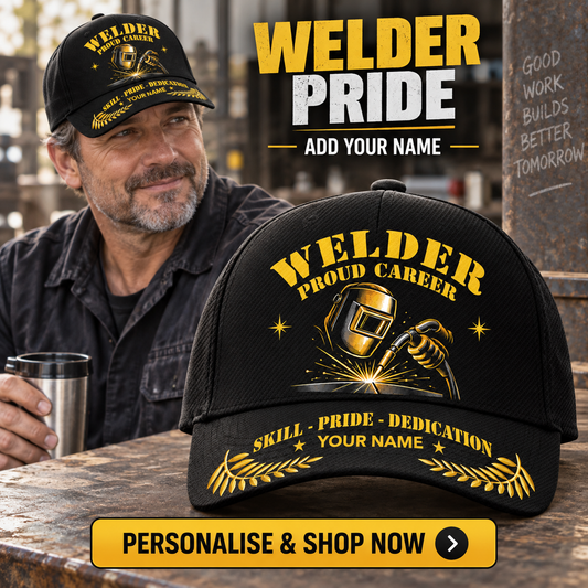 Welder wearing the personalised cap with product close-up and shopping CTA