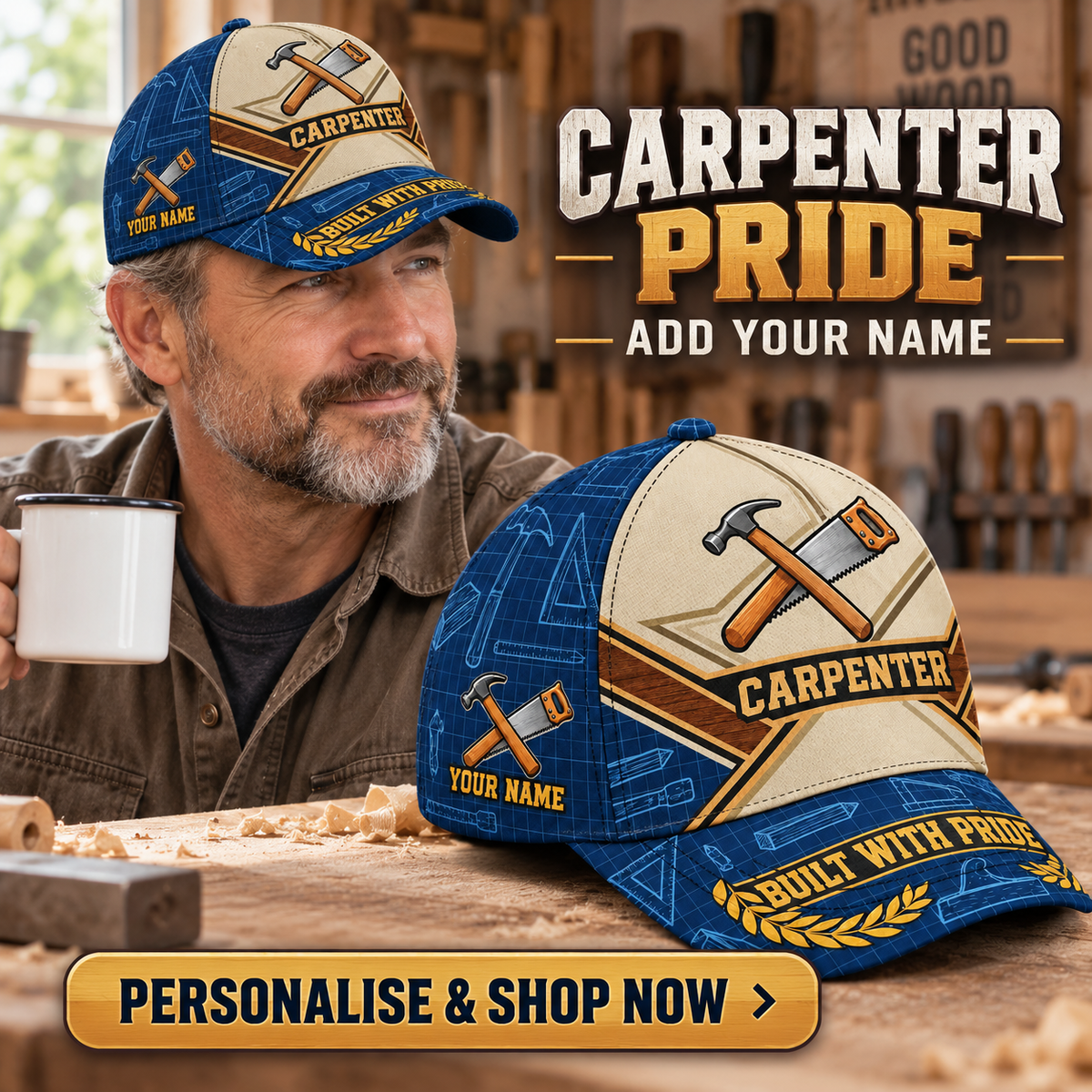 Carpenter wearing the personalised cap with product close-up and shopping CTA