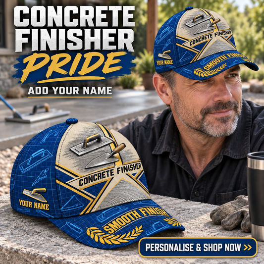 Concrete Finisher wearing the personalised cap with product close-up and shopping CTA