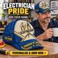 Electrician wearing the personalised cap with product close-up and shopping CTA
