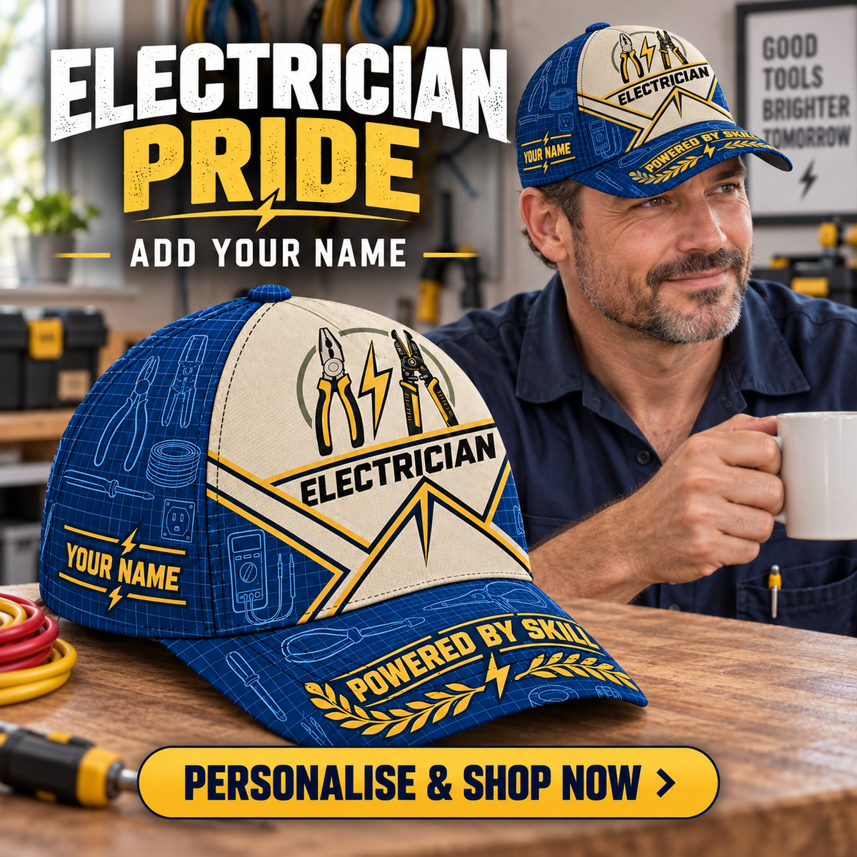 Electrician wearing the personalised cap with product close-up and shopping CTA