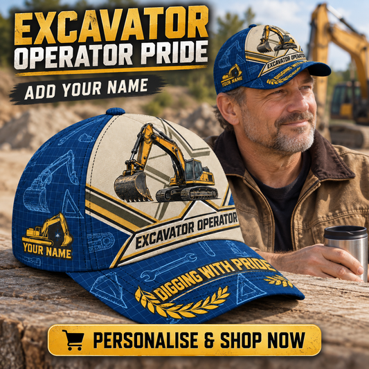 Excavator Operator wearing the personalised cap with product close-up and shopping CTA