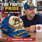Fire Fighter wearing the personalised cap with product close-up and shopping CTA
