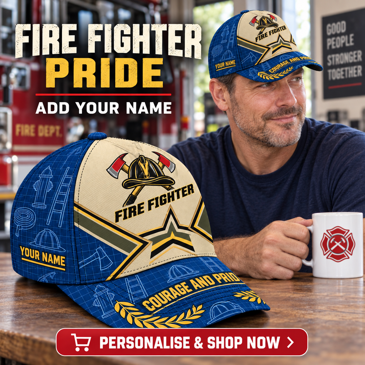 Fire Fighter wearing the personalised cap with product close-up and shopping CTA