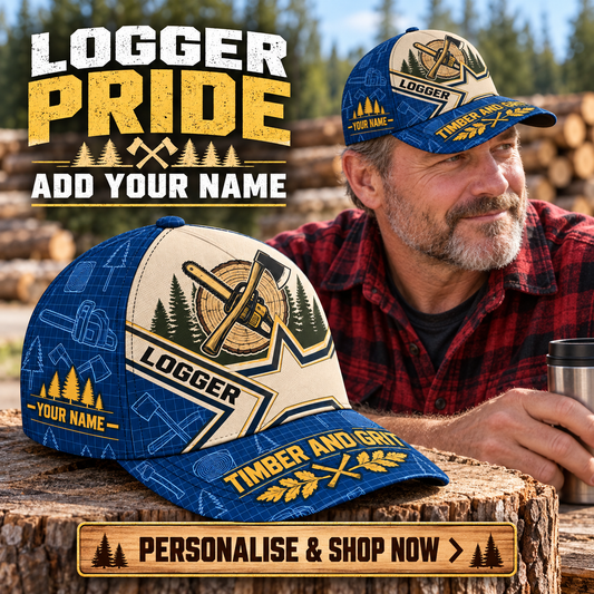 Logger wearing the personalised cap with product close-up and shopping CTA