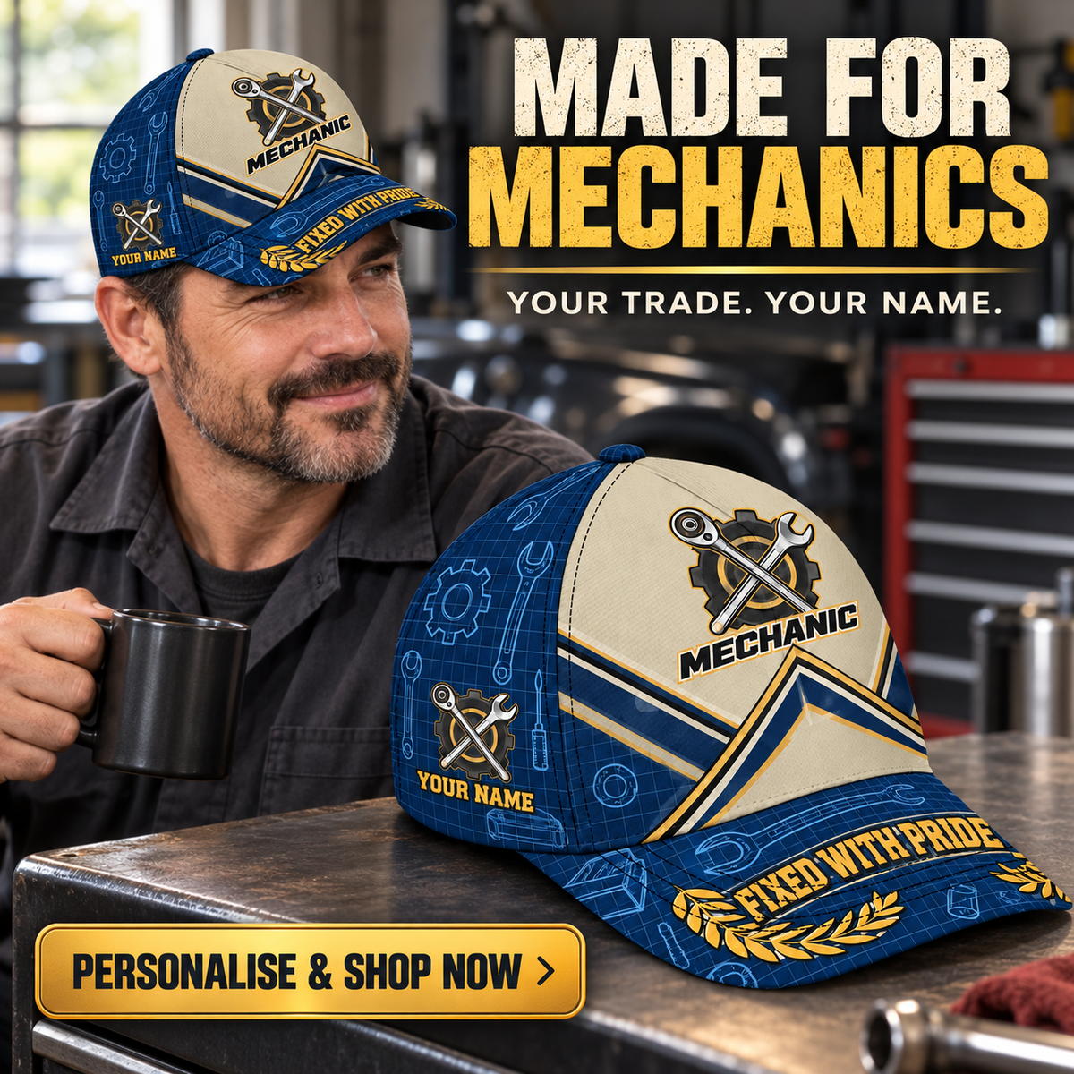Personalized Mechanic Blueprint Geometry Baseball Cap — personalised ad with wearer and shopping CTA