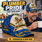 Plumber wearing the personalised cap with product close-up and shopping CTA