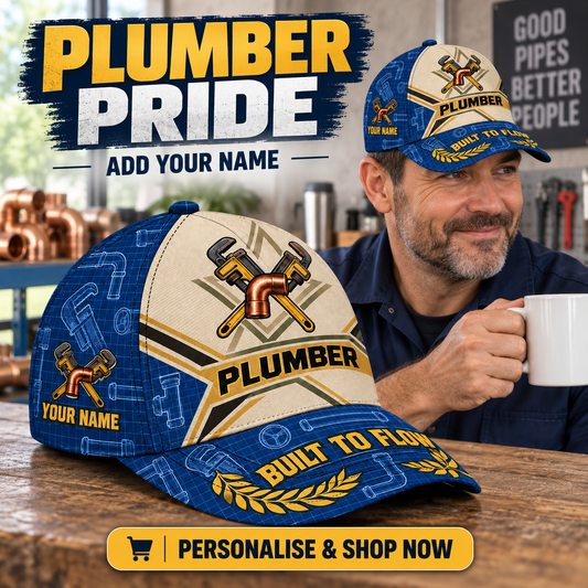 Plumber wearing the personalised cap with product close-up and shopping CTA