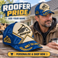 Roofer wearing the personalised cap with product close-up and shopping CTA
