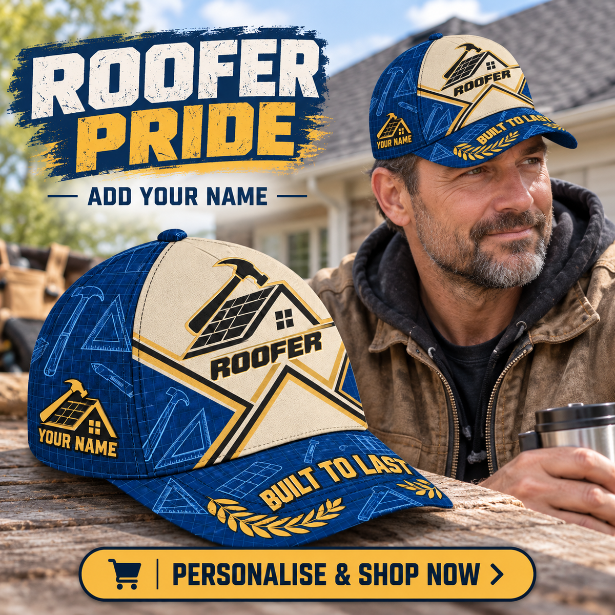 Roofer wearing the personalised cap with product close-up and shopping CTA