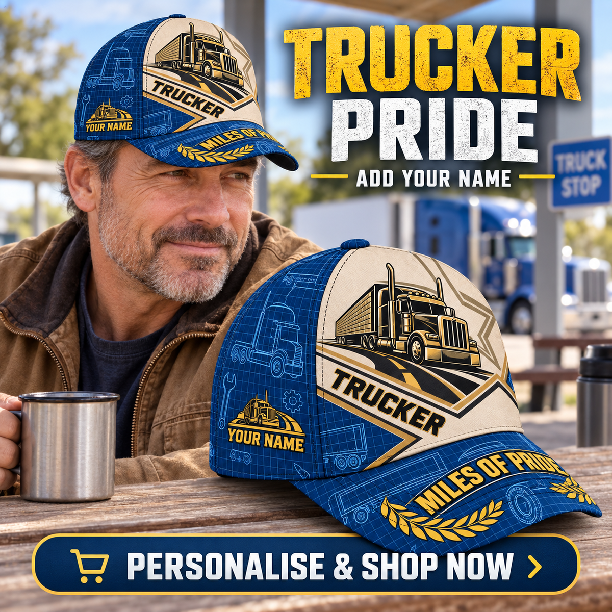 Trucker wearing the personalised cap with product close-up and shopping CTA