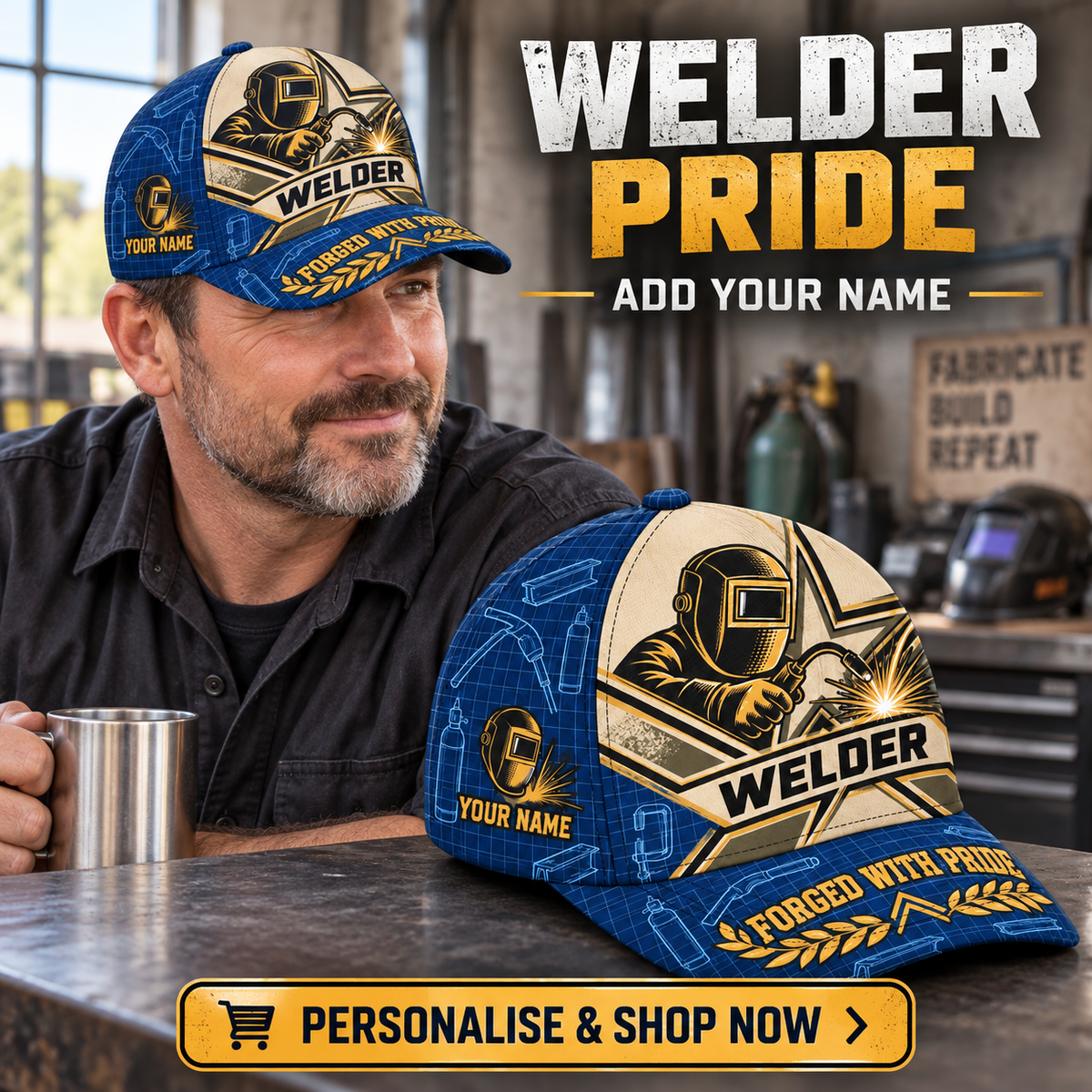Welder wearing the personalised cap with product close-up and shopping CTA
