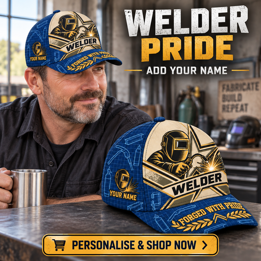 Welder wearing the personalised cap with product close-up and shopping CTA