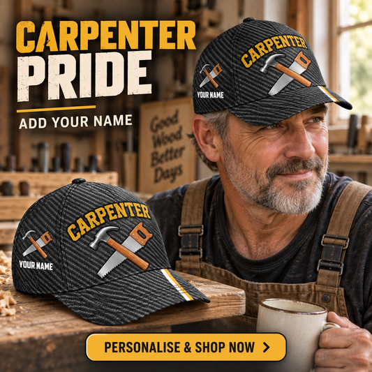 Carpenter wearing the personalized Carbon Stripe cap with product close-up and Personalise & Shop Now CTA