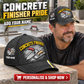 Concrete Finisher wearing the personalised cap with product close-up and shopping CTA