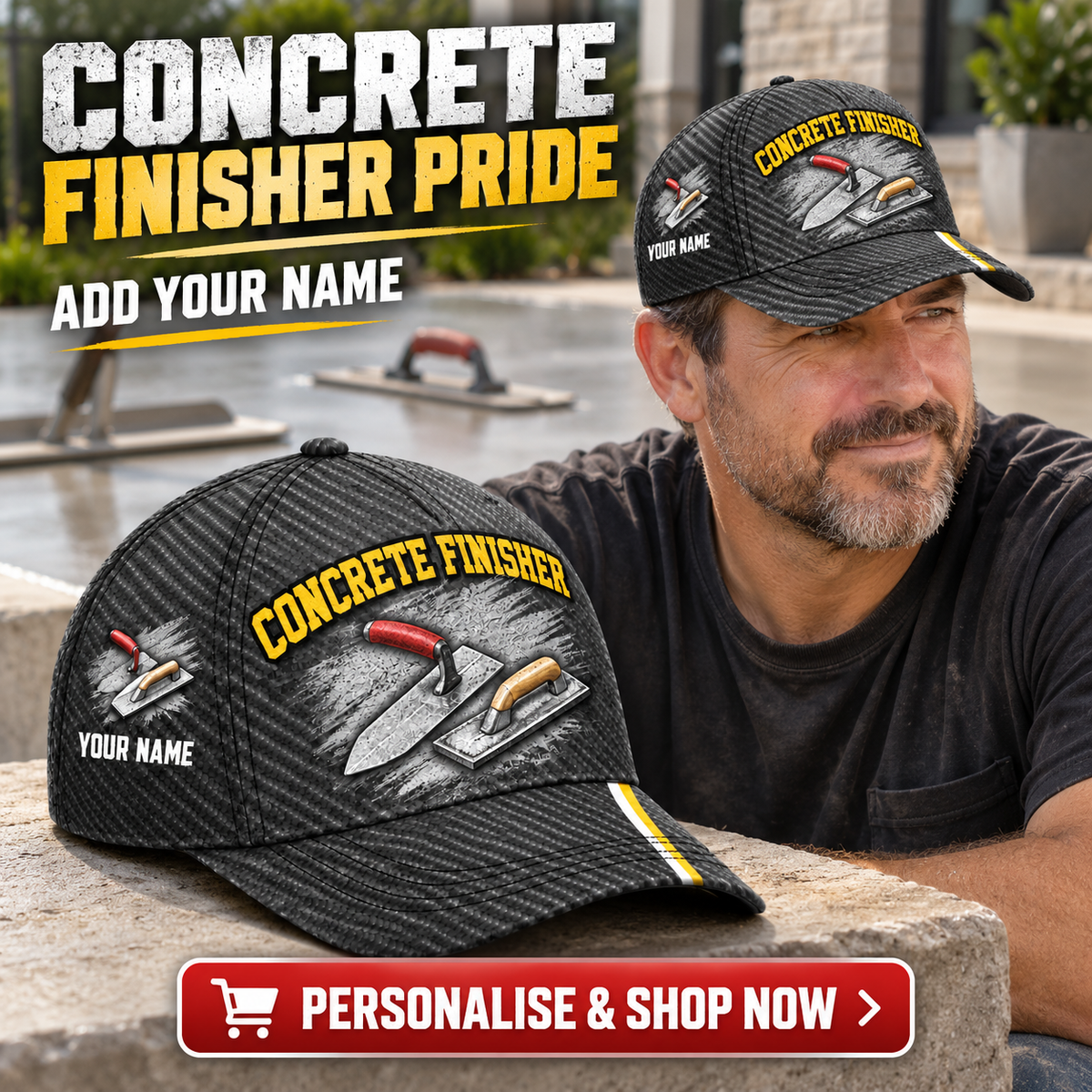 Concrete Finisher wearing the personalised cap with product close-up and shopping CTA