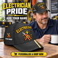 Electrician wearing the personalised cap with product close-up and shopping CTA