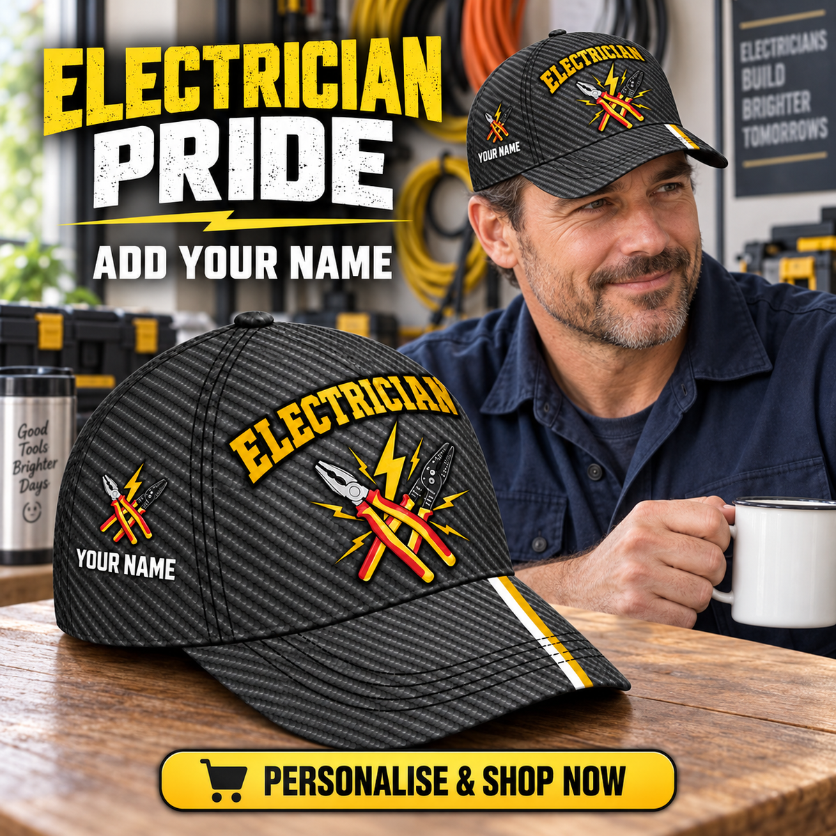 Electrician wearing the personalised cap with product close-up and shopping CTA