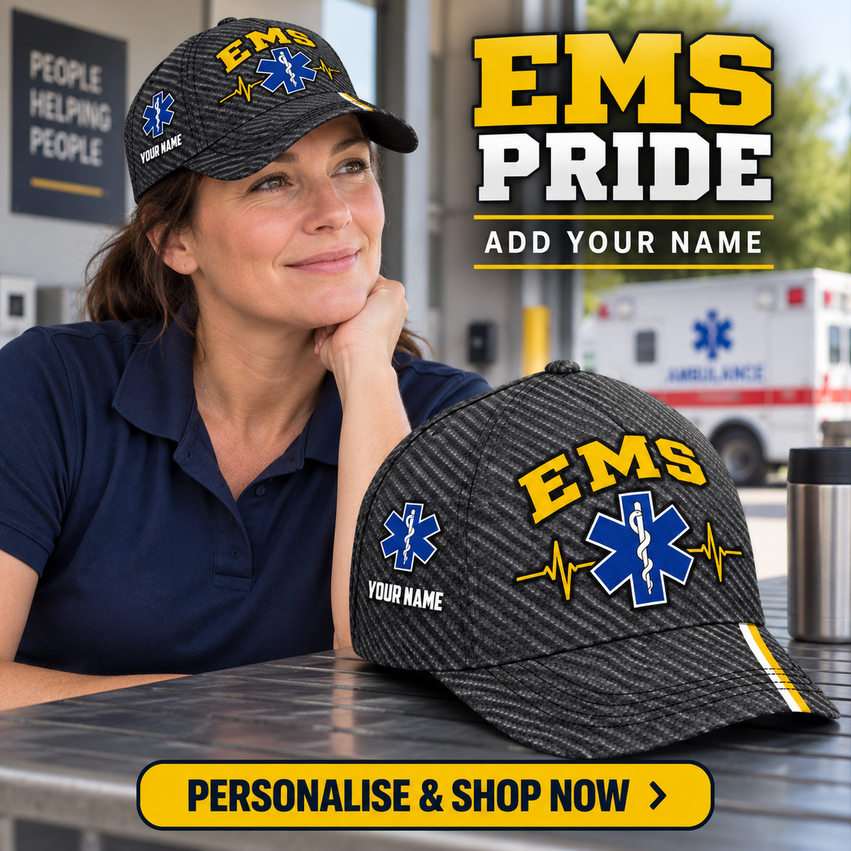 EMS wearing the personalised cap with product close-up and shopping CTA