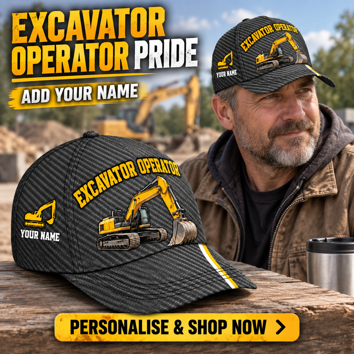 Excavator Operator wearing the personalised cap with product close-up and shopping CTA