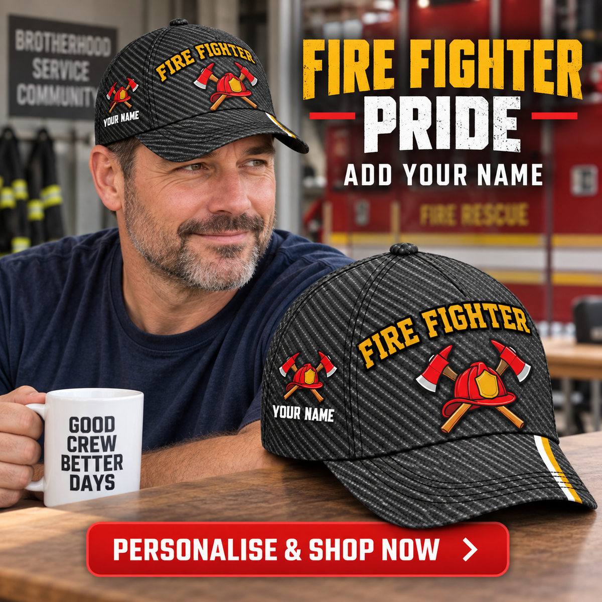 Fire Fighter wearing the personalised cap with product close-up and shopping CTA