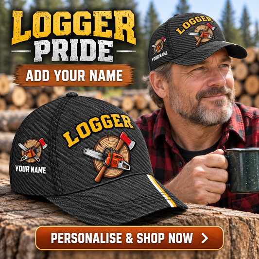Logger wearing the personalised cap with product close-up and shopping CTA